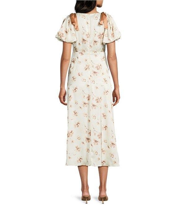 Storia Floral Print V-Neck Tie Shoulder Puff Sleeve A-Line Midi Dress Product Image