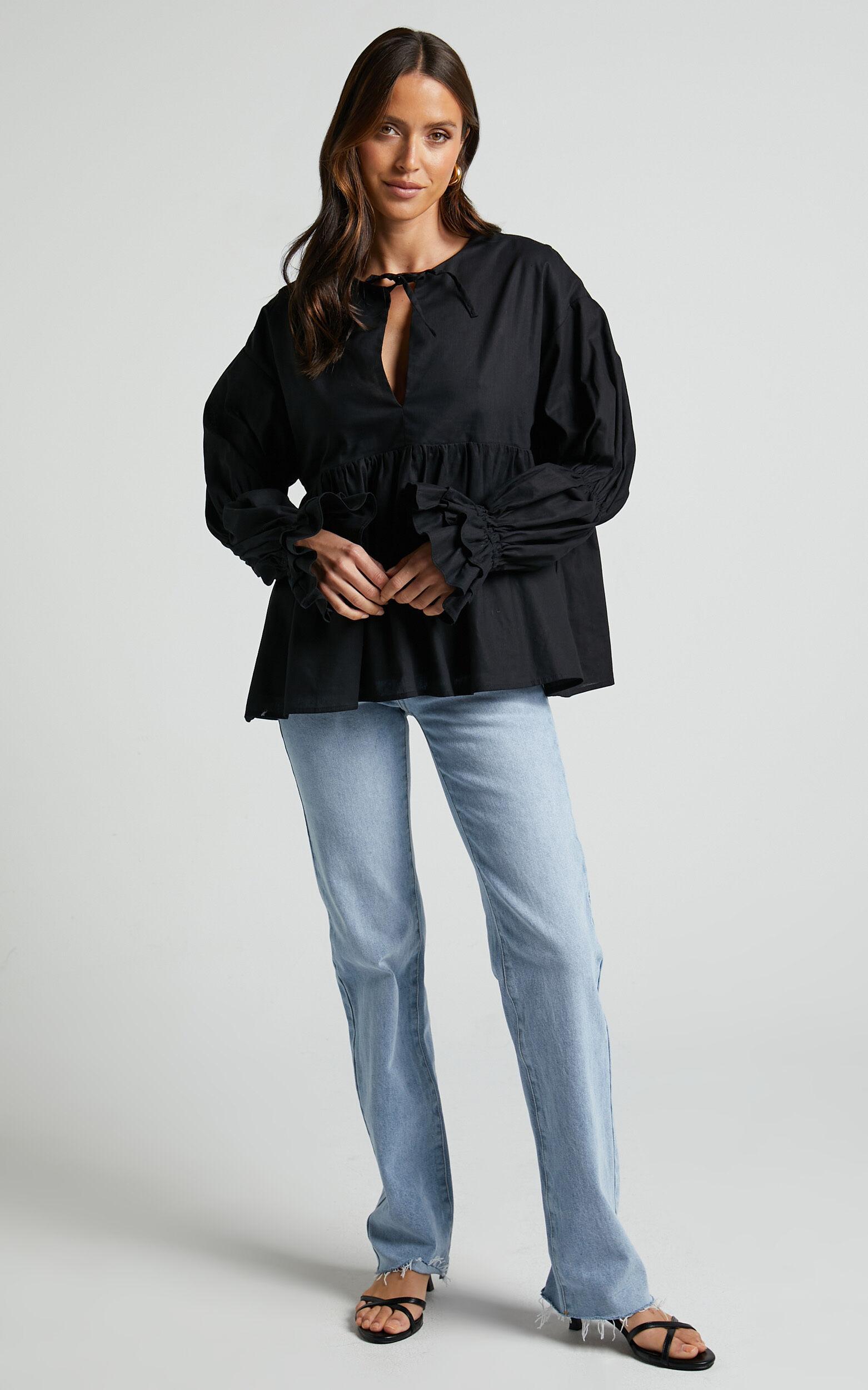 Arthur Top - Linen Look Long Sleeve V Neck Tiered Top in Black Product Image