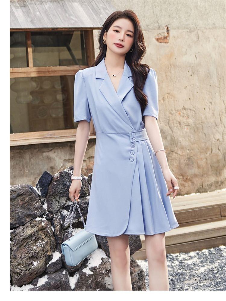 Short-Sleeve Lapel Collar Plain Asymmetrical Button Mini A-Line Dress Product Image