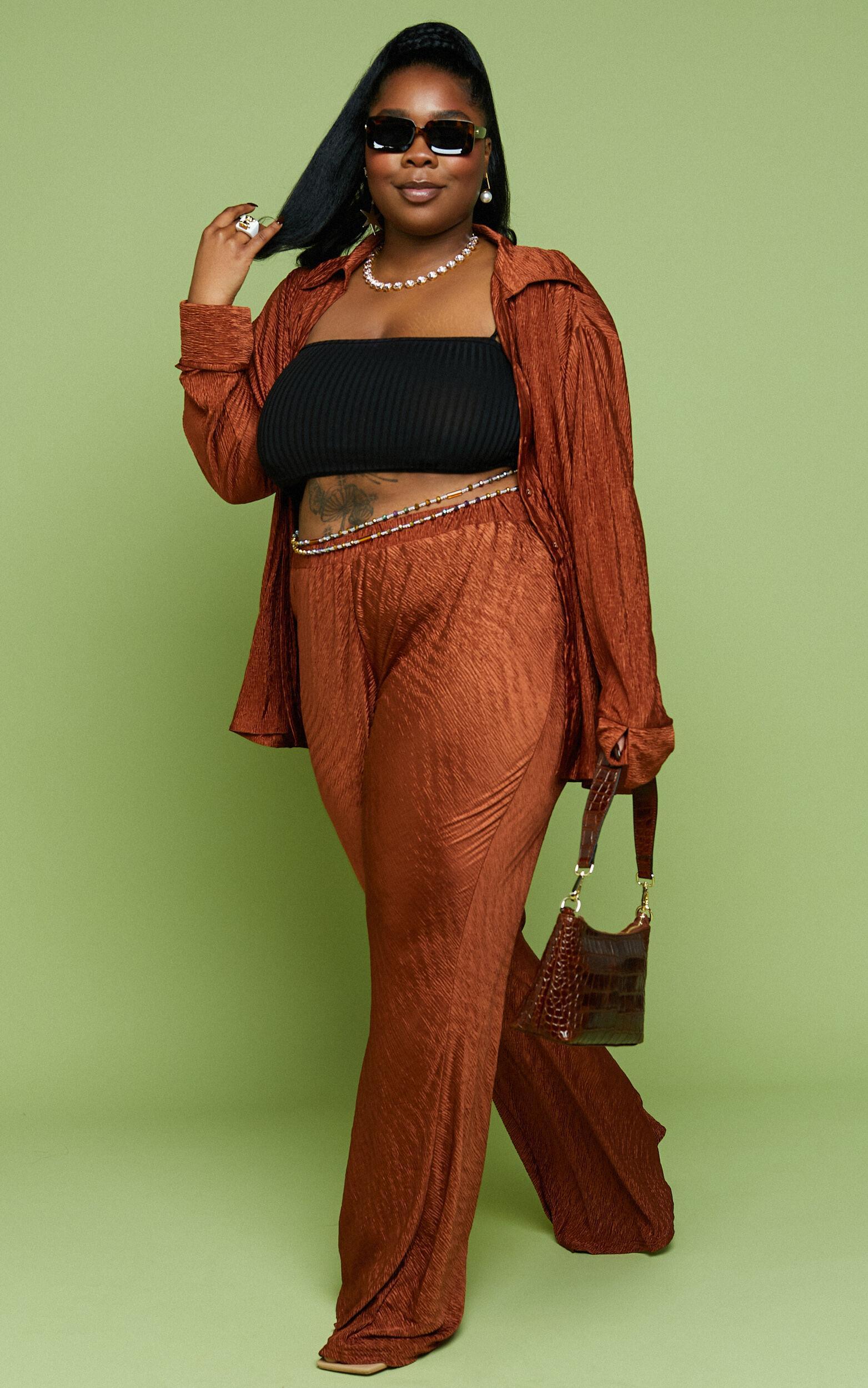 Rosamund Pants - High Waisted Crinkle Flared Pants in Clay Product Image