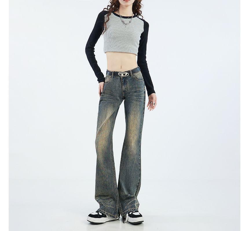 Mid Rise Fringed Washed Bootcut Jeans (Various Designs) Product Image