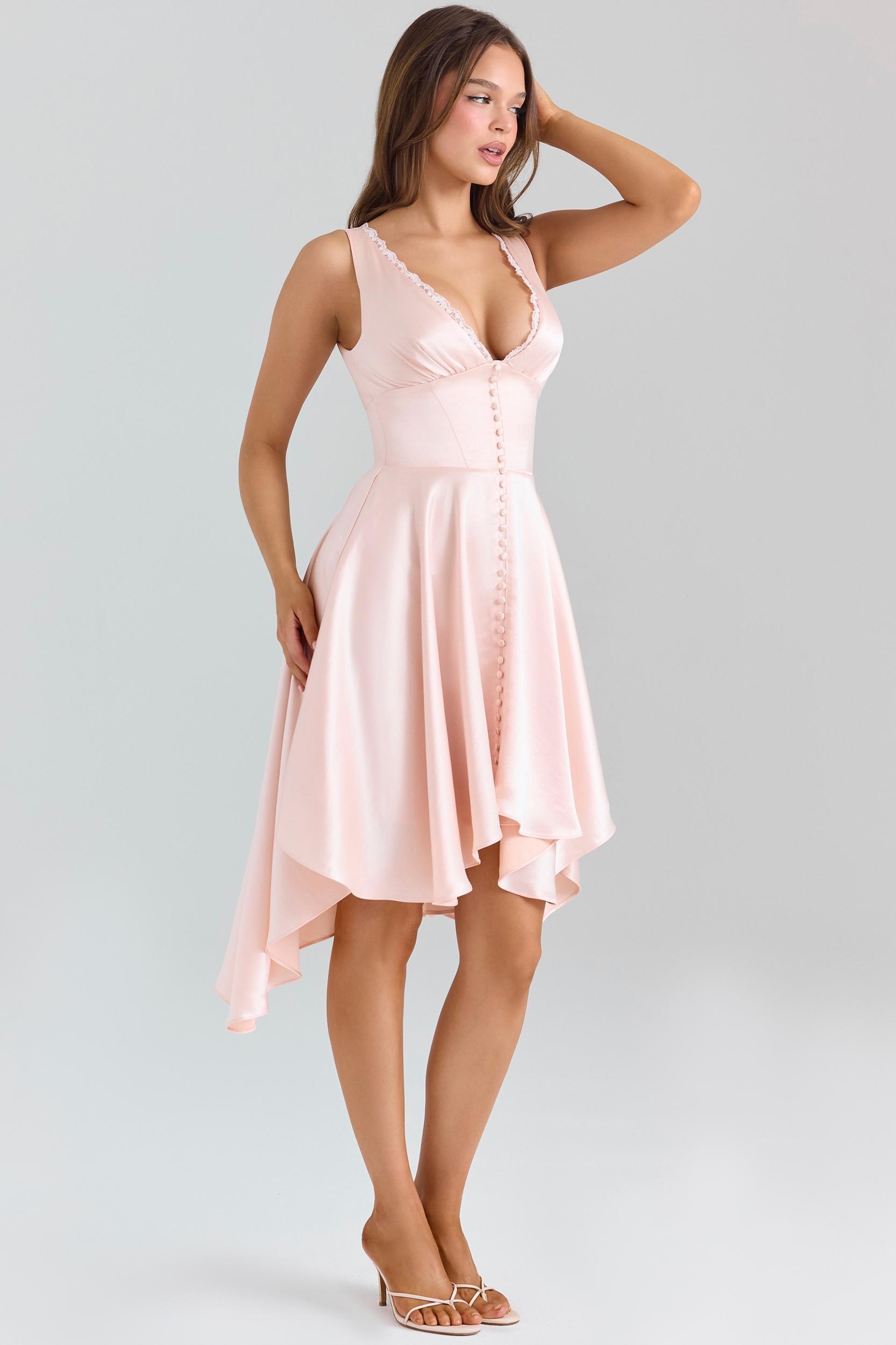 Sabella  pink satin asymmetric handkerchief hem midi dress Product Image