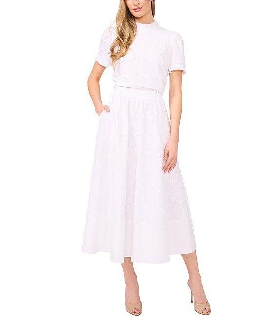 CeCe Ruffle Mock Neck Short Sleeve 3D Embroidered Flower Ruffle Top Product Image