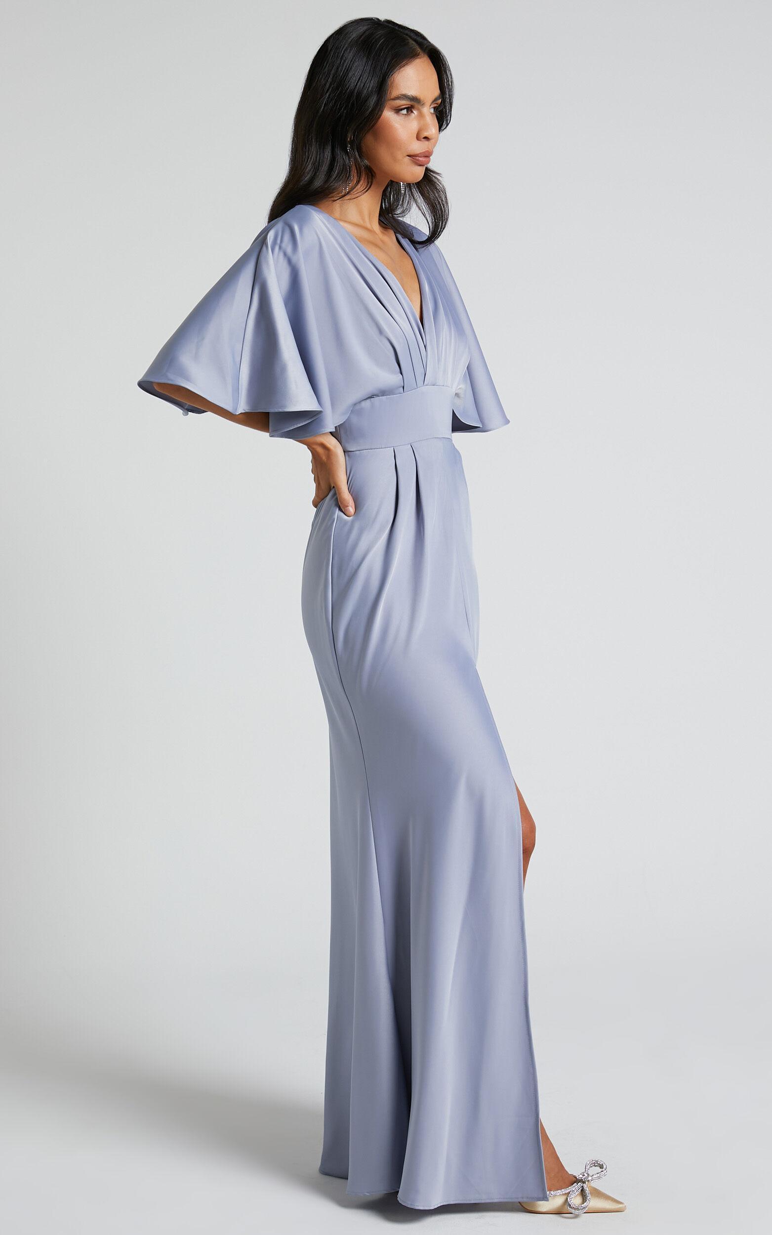 Gemalyn Midi Dress - Angel Sleeve V Neck Split Dress in Sky Blue Product Image