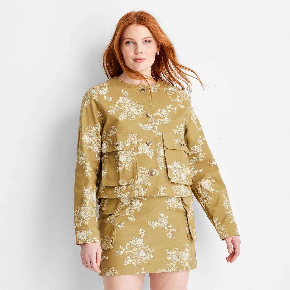 Women's Utility Bomber Jacket - Future Collective Khaki Floral 3X: Midweight Front Button, 2 Pockets Product Image
