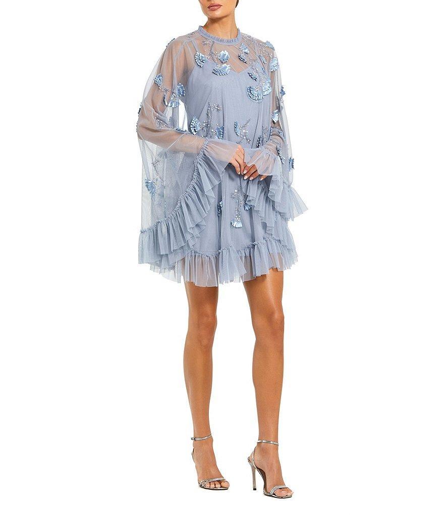 Mac Duggal Mock Neck Long Flared Sleeve Mesh A-Line Mini Dress Product Image
