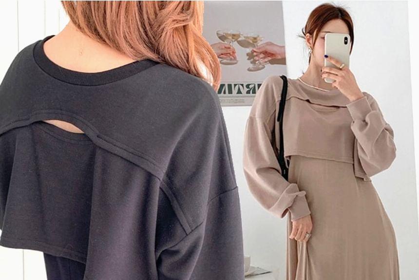 Set: Long-Sleeve Plain Cutout Top + Slipdress Product Image