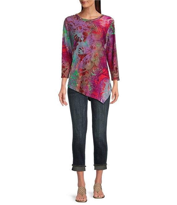 Calessa Burnout Tie-Dye Crew Neck Bracelet Sleeve Asymmetric Hem Tunic Product Image