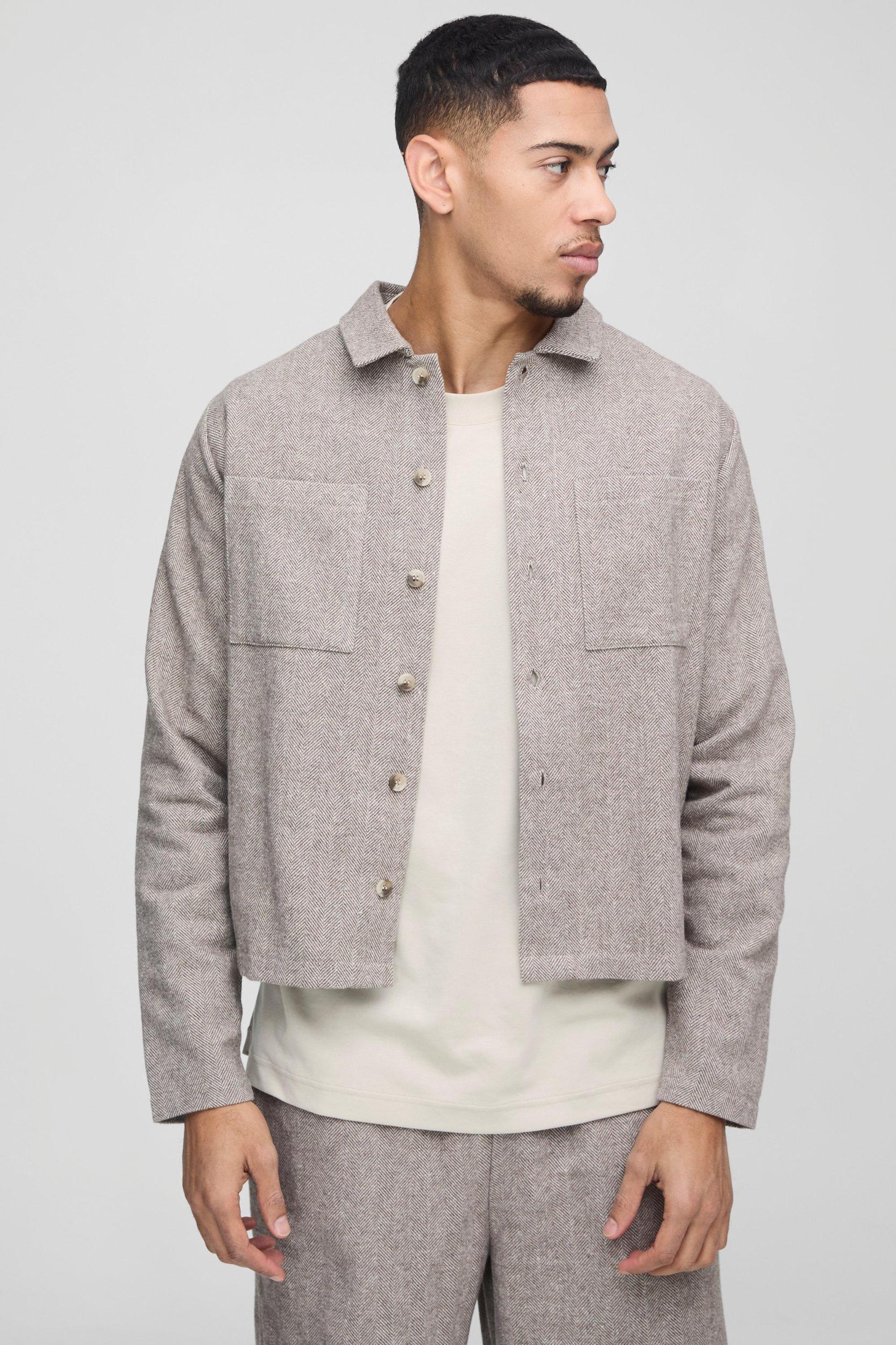 Boxy Fit Herringbone Cargo Pocket Harrington | boohooMAN USA Product Image