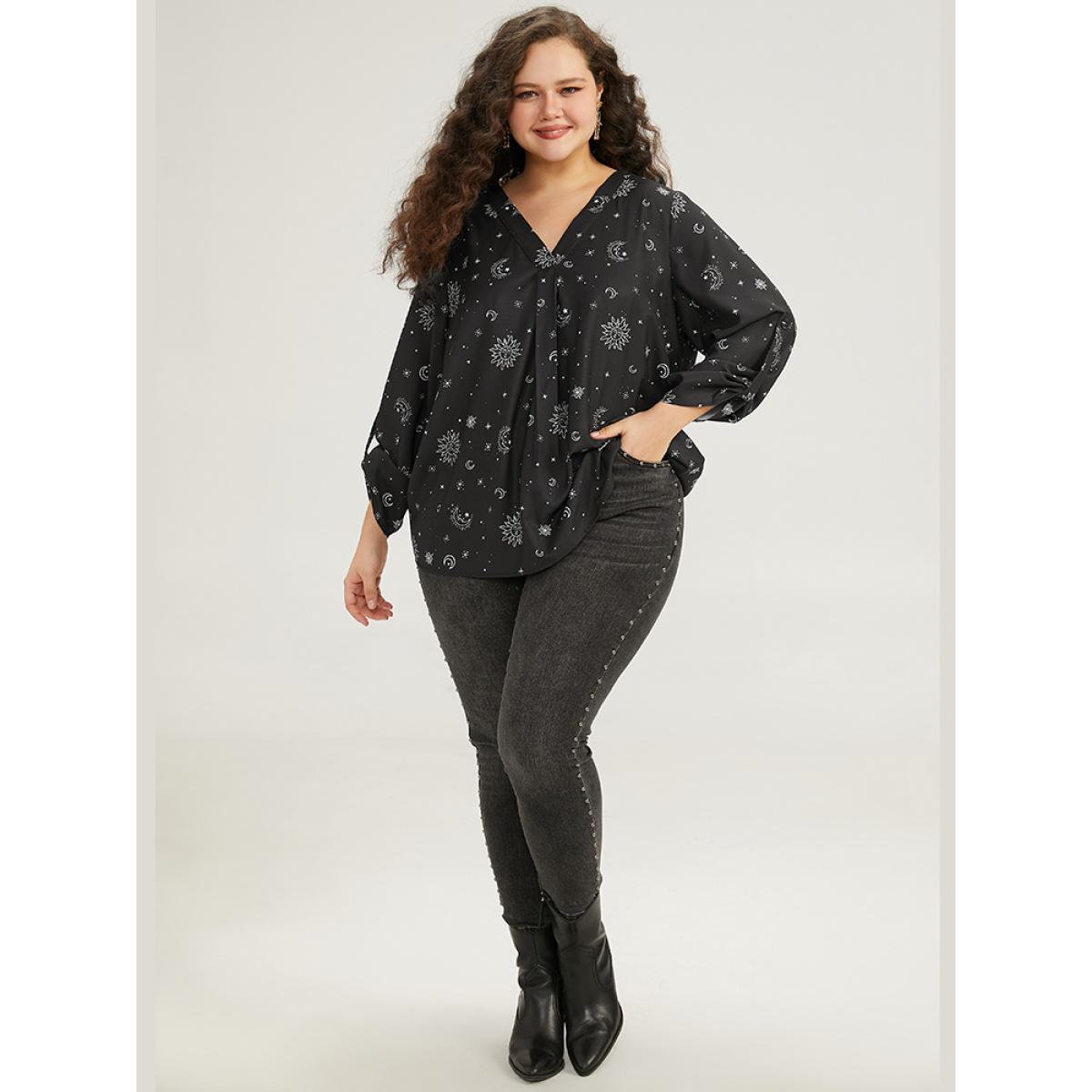 Plus Size Black Halloween Moon & Star Print Pleated Tab Sleeve Blouse Women Elegant Elbow-length sleeve V-neck Festival-Halloween Blouses BloomChic 26/4X Product Image