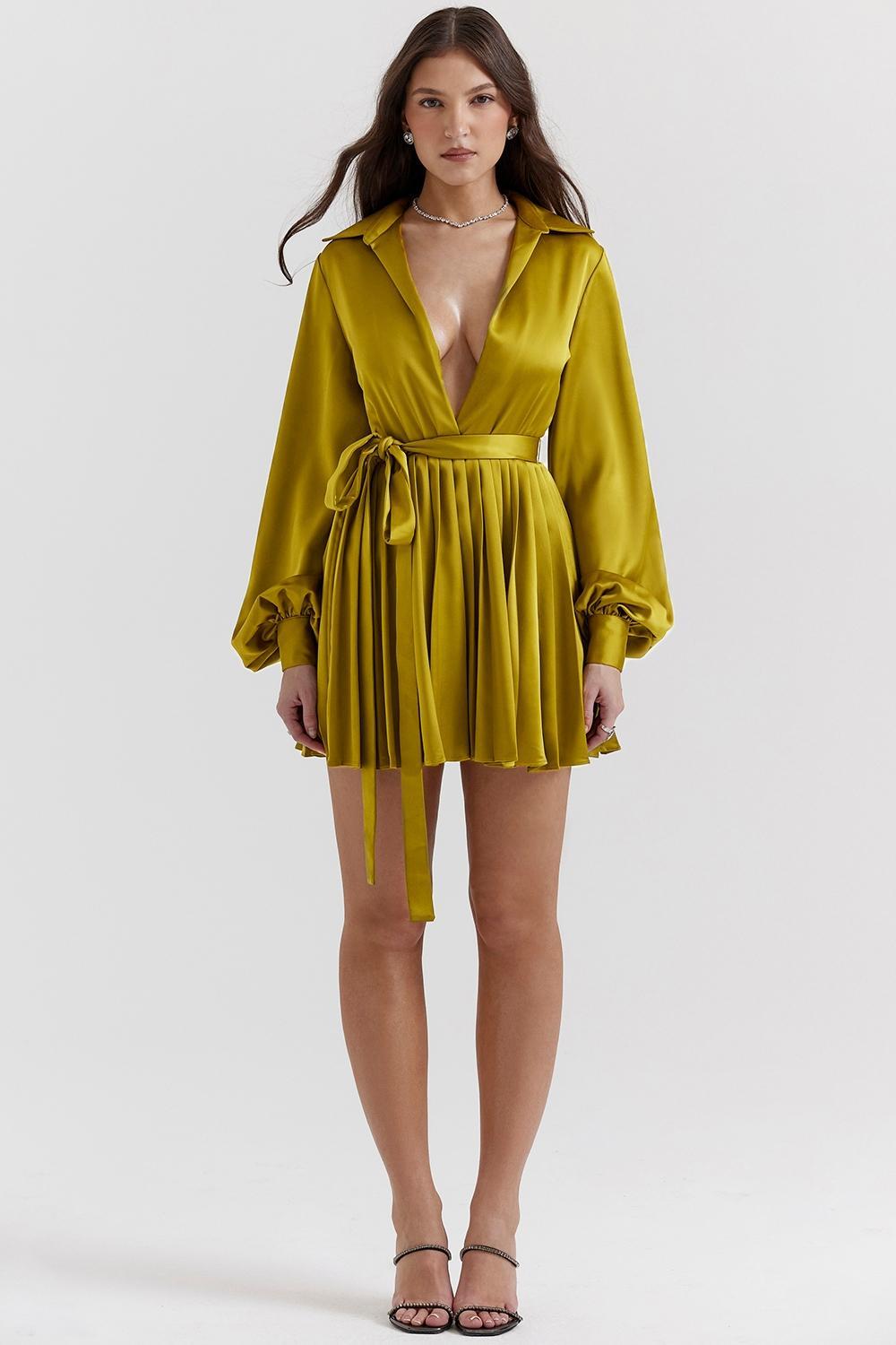 Allegra Chartreuse Pleated Shirt Dress Product Image
