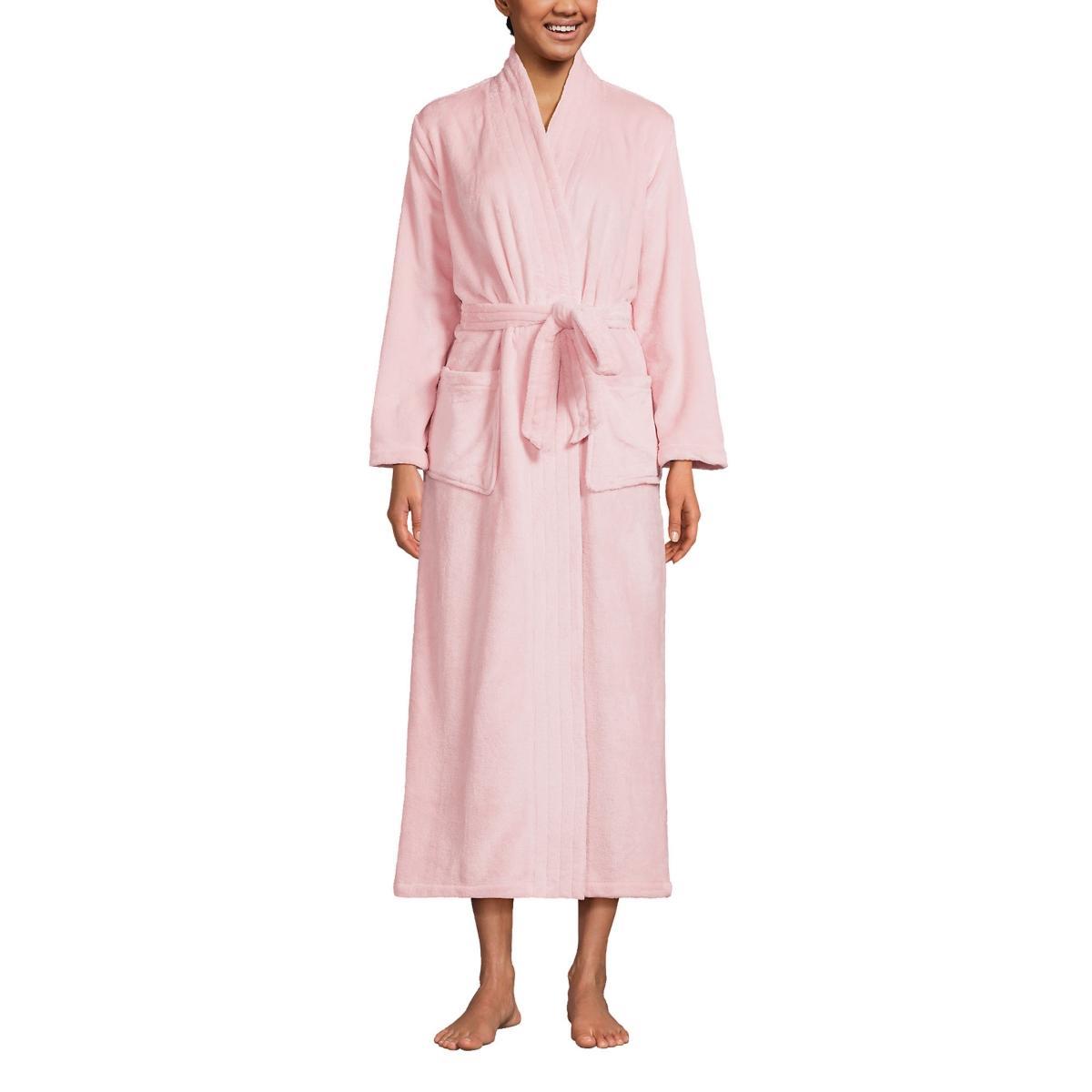 Womens Lands End Cozy Plush Long Wrap Robe Soft Tea Pink Product Image