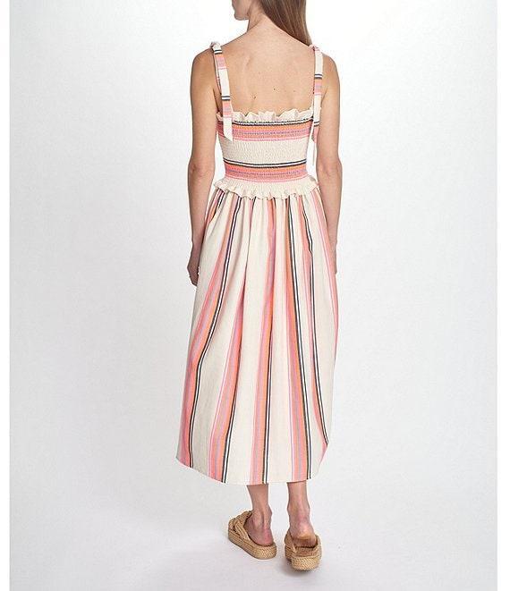 COREY LYNN CALTER Olivia Stripe Smocked Square Neck Tie Strap Midi Dress Product Image