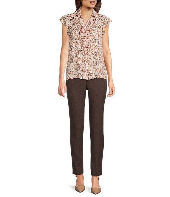 Calvin Klein Printed Chiffon Point Collar Cap Sleeve Ruffle Button Front Blouse Product Image