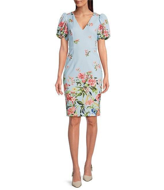 Eliza J Scuba Crepe Floral Print V-Neck Short Puff Sleeve Sheath Mini Dress Product Image