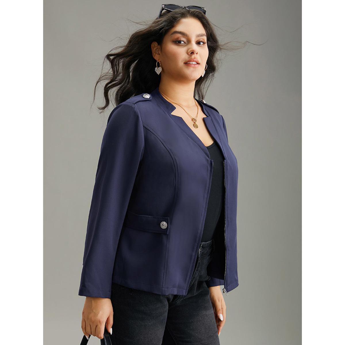 Plus Size Plain Button Detail Notched Zipper Blazer Indigo Women Work Plain Plain Sleeve Long Sleeve Notched collar 14-16/1X At the Office Blazers BloomChic Product Image