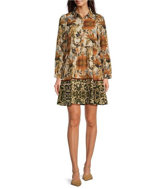 Ro's Garden Romy Floral Print Point Collar Button Front Long Sleeve Tiered Above the Knee A-Line Dress Product Image