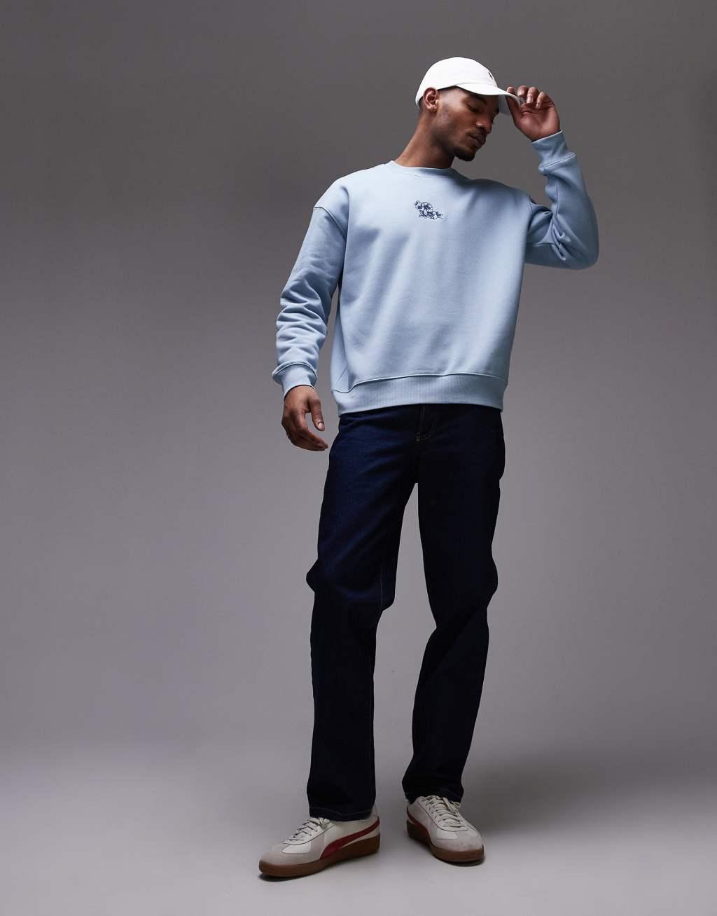 Topman oversized fit sweatshirt with floral embroidery in blue Product Image