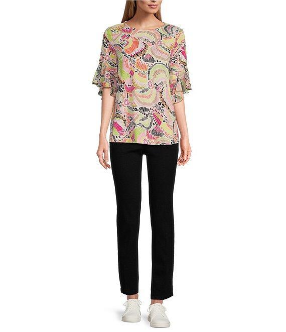 Multiples Petite Size Slub Knit Georgette Multi Print Scoop Neck 3/4 Flounce Sleeve Fitted Top Product Image