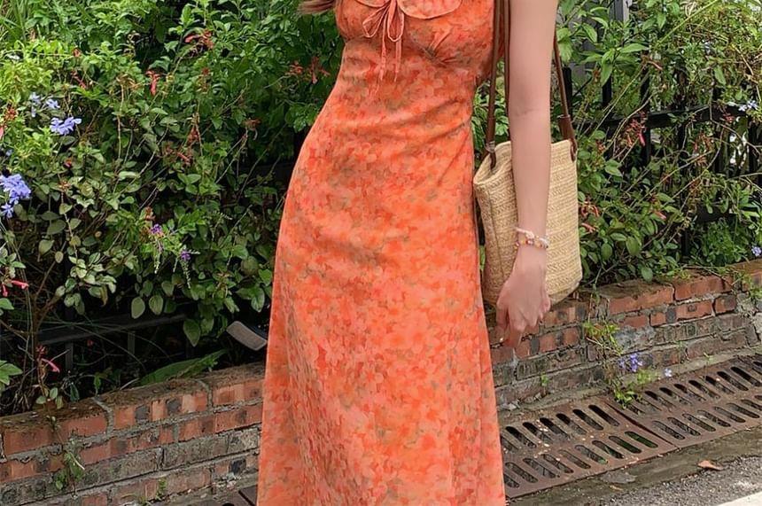 Sleeveless V-Neck Floral Print Ruffle Trim Tie Waist Maxi A-Line Dress Product Image