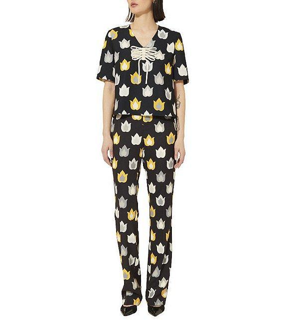 Tara Jarmon Paivan Woven Stretch Flame Print Mid Rise Straight Leg Pants Product Image