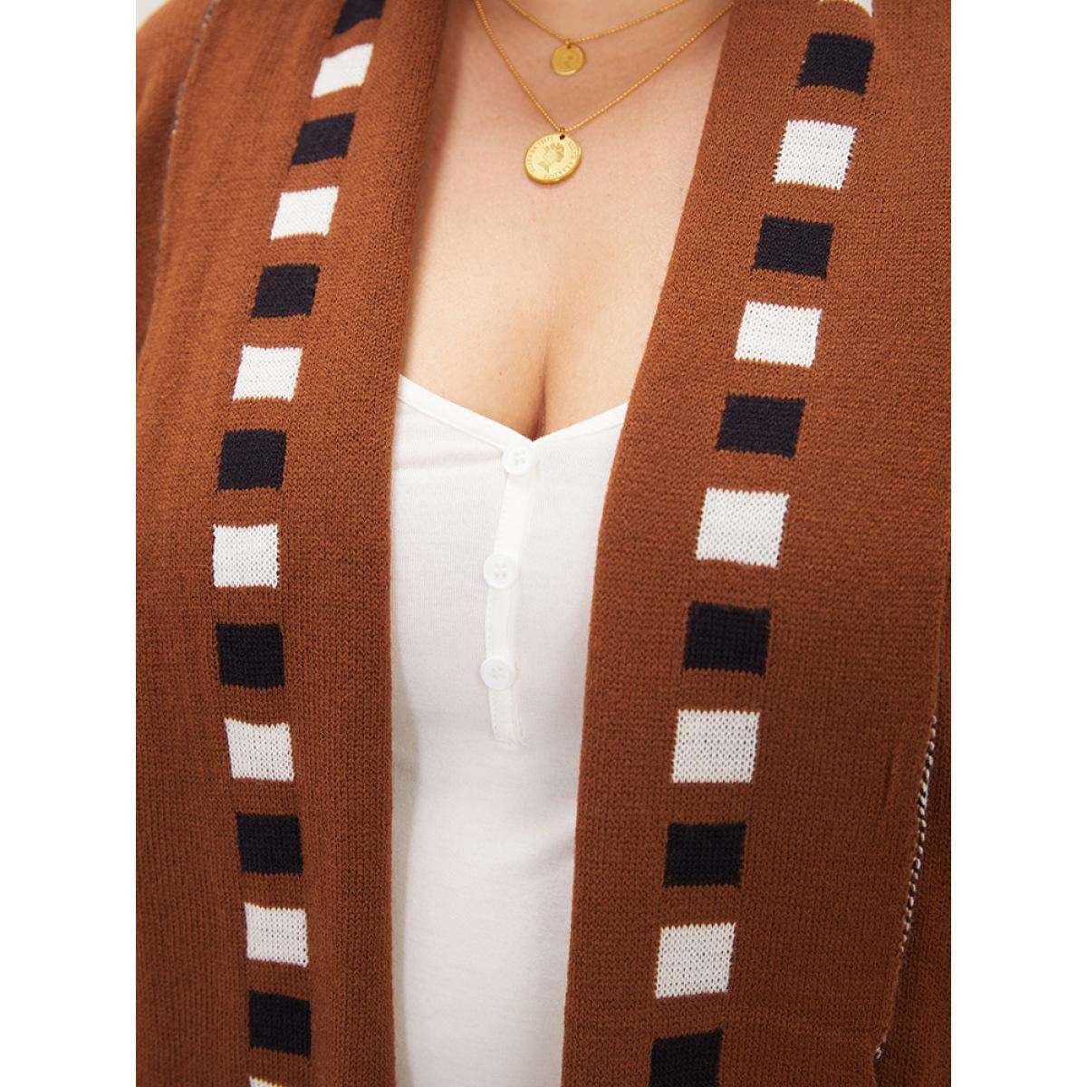 Plus Size Geometric Tassel Trim Open Front Cardigan Maroon Women Casual Loose Long Sleeve Dailywear Cardigans BloomChic 10/M Product Image