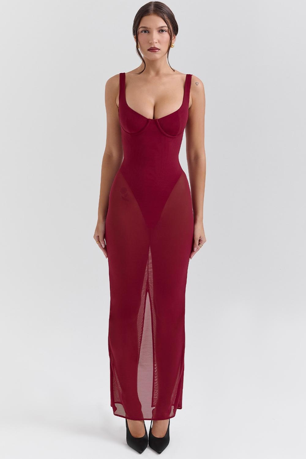 Robina  wine stretch mesh maxi dress Product Image