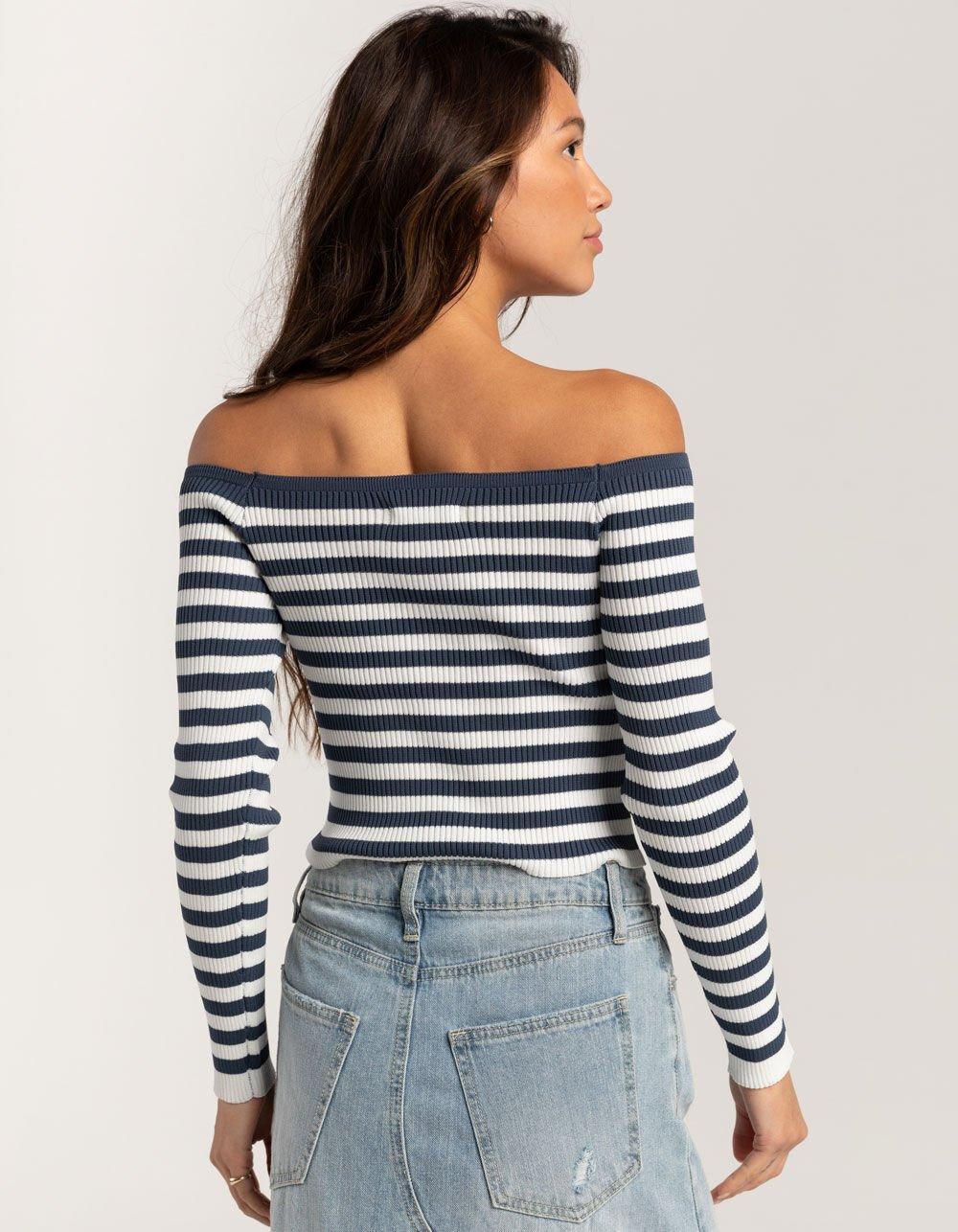 RSQ Womens Stripe Off The Shoulder Long Sleeve Top - Cream Combo Product Image