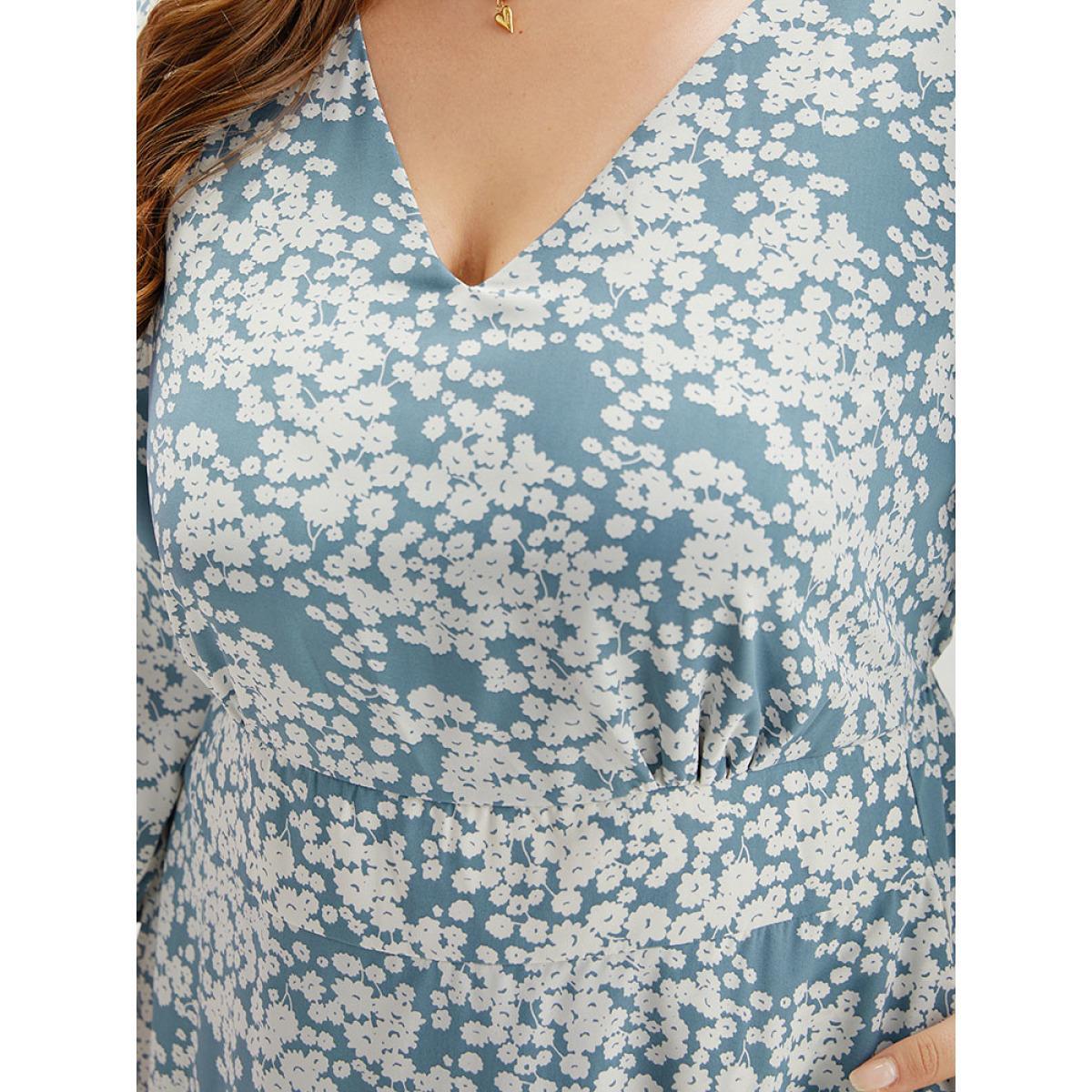 Plus Size Ditsy Floral Pleated Detail Lantern Sleeve Dress LightBlue Women Elegant Elastic cuffs V-neck Elbow-length sleeve Curvy Midi Dress BloomChic 12/L Product Image