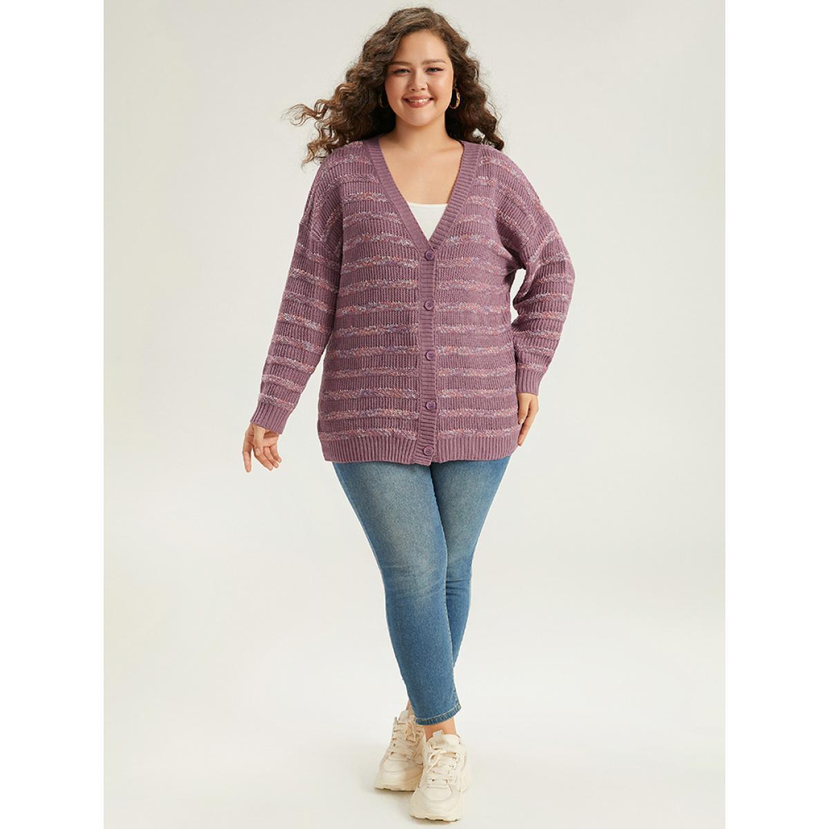 Plus Size Contrast Drop Shoulder Button Through Cardigan Mauve Women Casual Loose Long Sleeve Dailywear Cardigans BloomChic 18-20/2X Product Image
