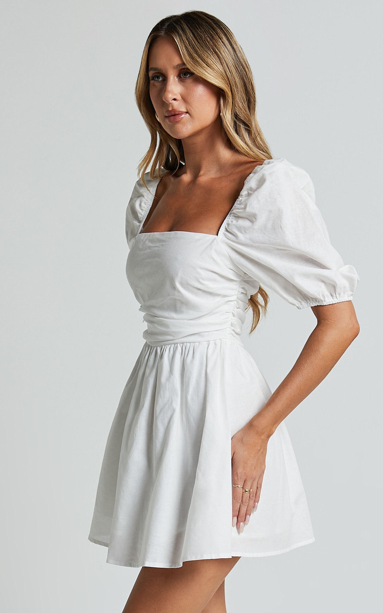 Claudina Mini Dress - Linen Look Puff Sleeve Ruched Bodice Dress in White Product Image