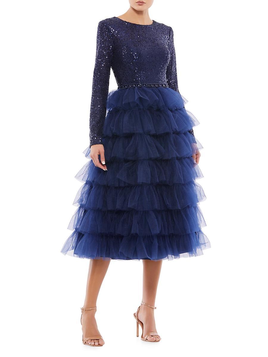 Mac Duggal Tiered Ruffle Crew Neck Long Sleeve Midi Dress Product Image