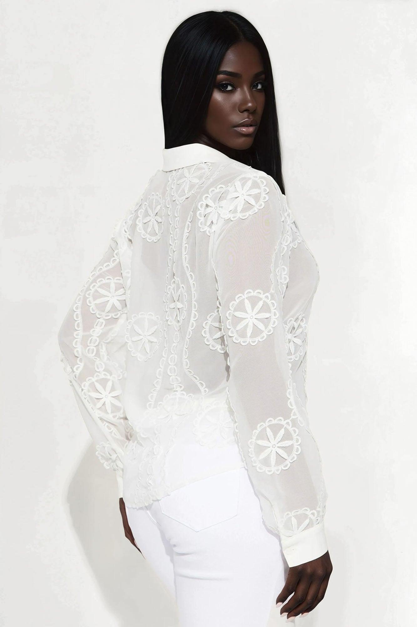 Brunch Lady Floral Embroidery Chiffon Shirt - White Product Image