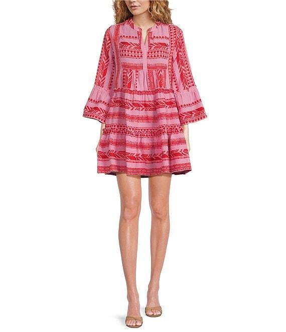 ELAN Arrow Print Split V-Neck 3/4 Bell Sleeve Babydoll Dress Product Image