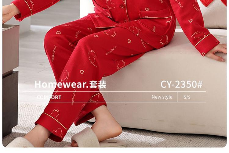 Pajama Set : Long-Sleeve Heart Lettering Shirt + Pants Product Image