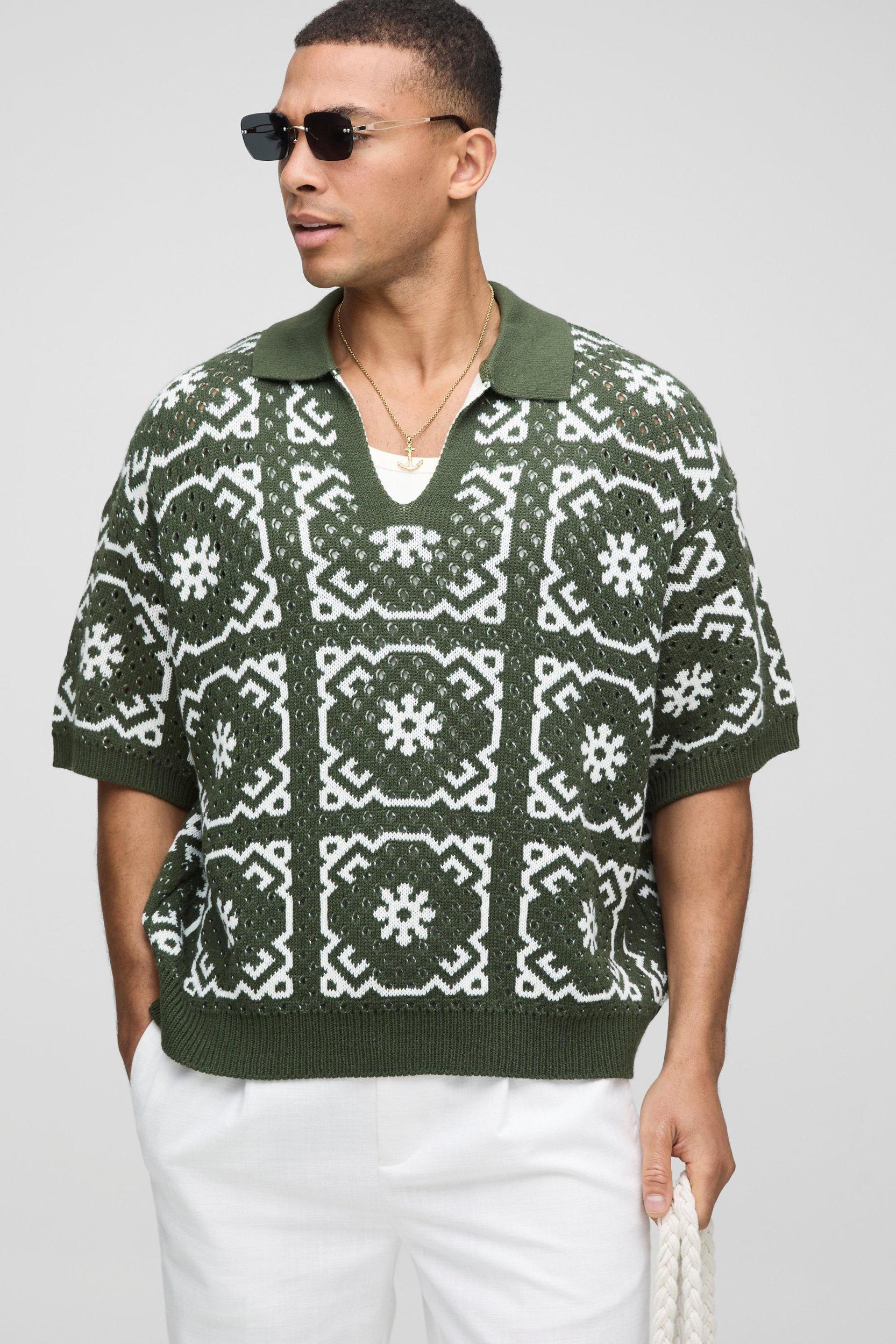 Oversized Boxy Crochet Knit Polo | boohooMAN USA Product Image