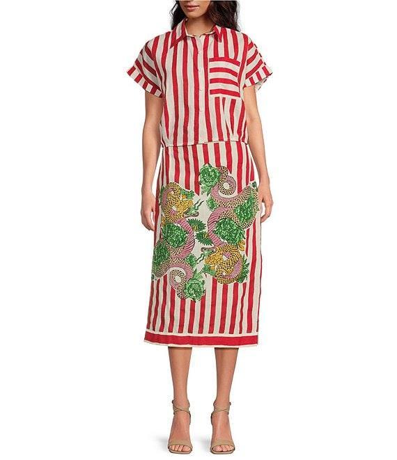 Mo Maya Red Stripe Dragon Print Camp Collar Short Sleeve Button Front Coverup Top Product Image