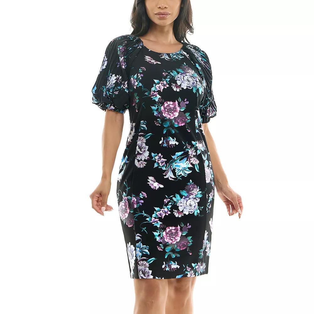 Women's Nina Leonard Pleat Puff Sleeve Dress, Size: Small, Black Purple Team Product Image