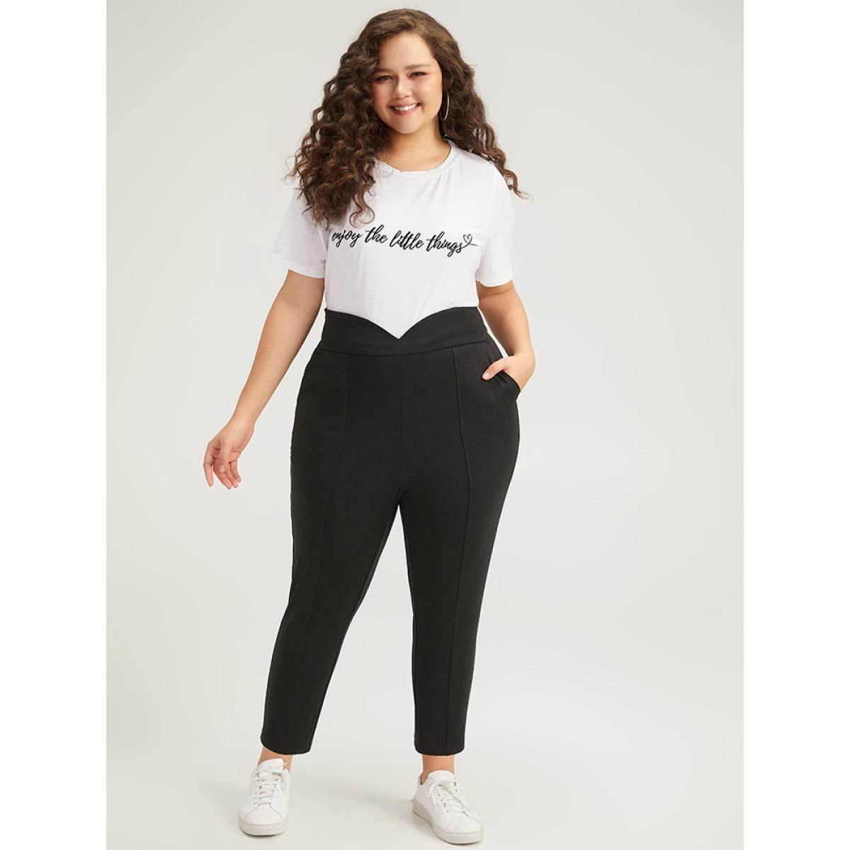 Plus Size Plain Wideband Waist Pocket Scalloped Trim Skinny Leggings Women Black Casual Bodycon High Rise Everyday Pants BloomChic 12/L Product Image