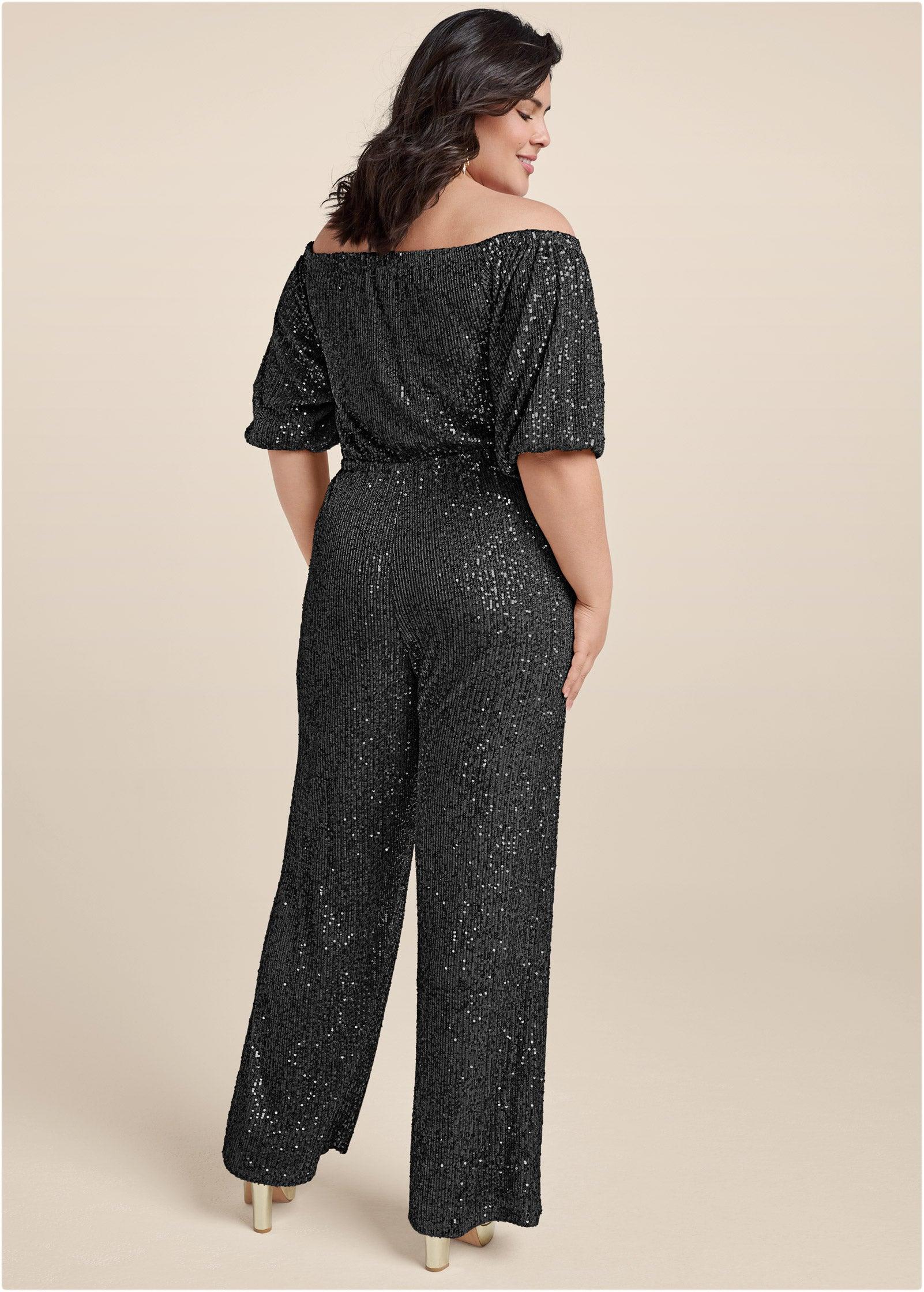 Off-Shoulder Sequin Jumpsuit - Black Product Image