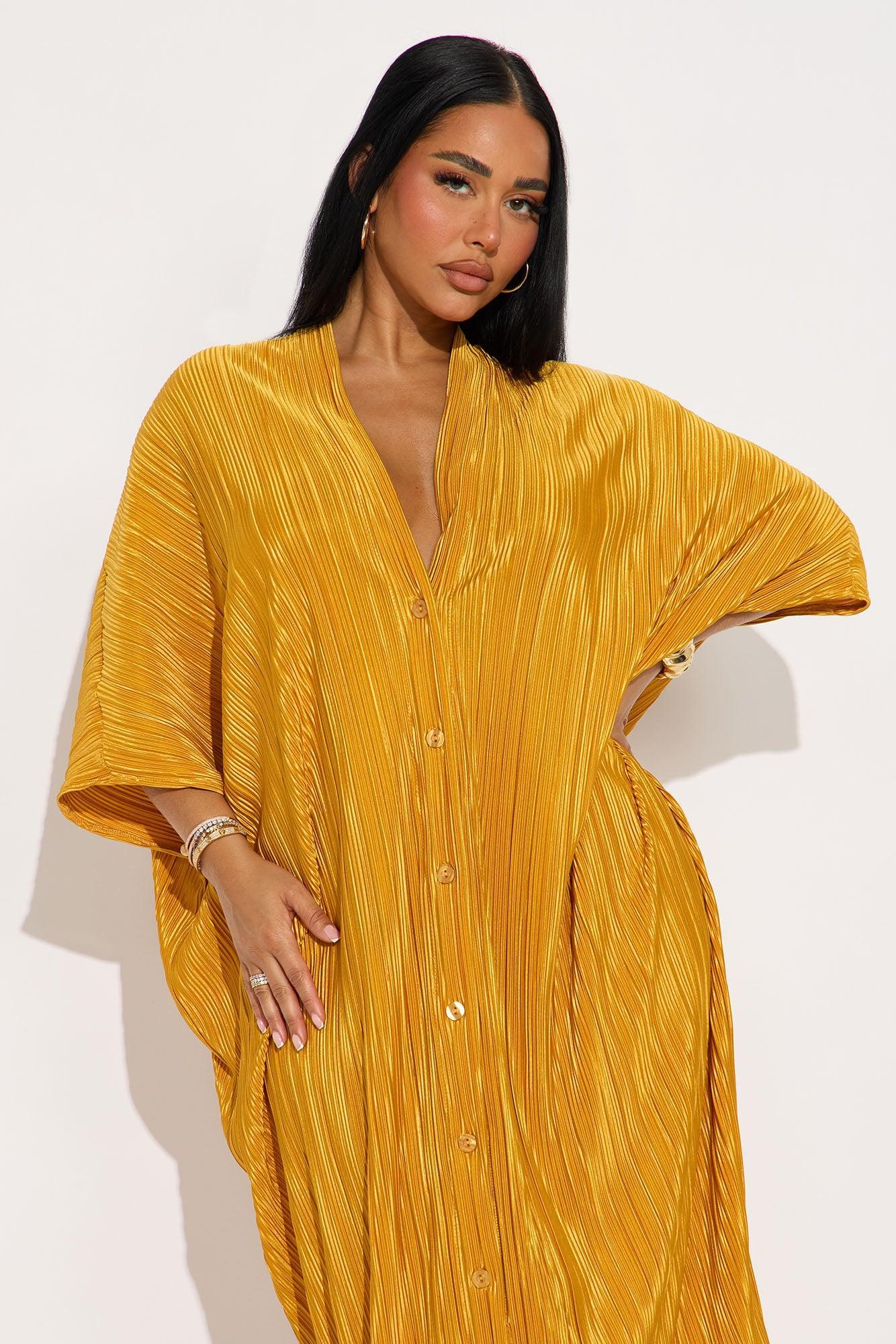 Isa Plisse Maxi Shirt Dress - Mustard Product Image