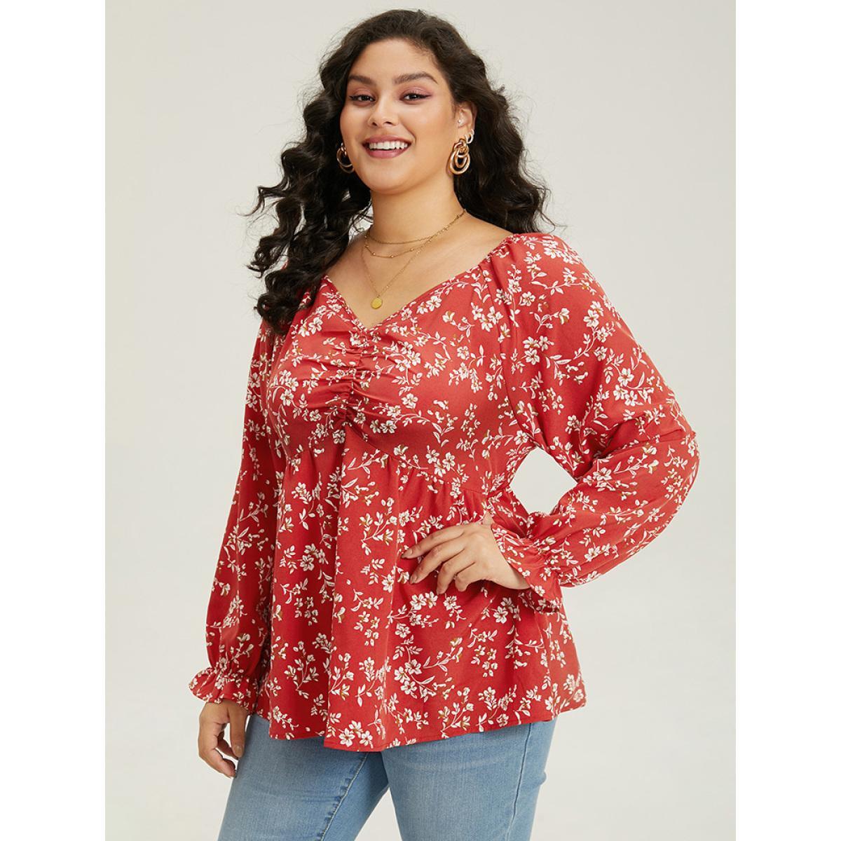 Plus Size Rust Floral Print Ruched Lantern Sleeve Blouse Women Elegant Long Sleeve V-neck Dailywear Blouses BloomChic 18-20/2X Product Image