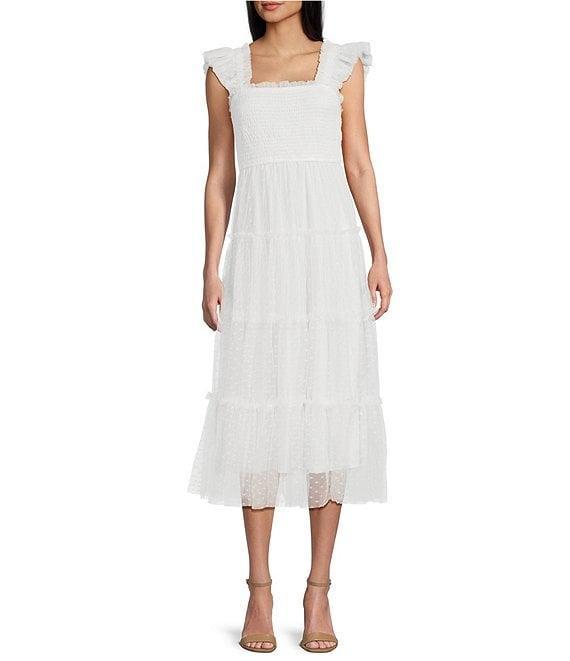 Blu Pepper Lace Polka Dot Square Neck Sleeveless Tiered Midi Dress Product Image