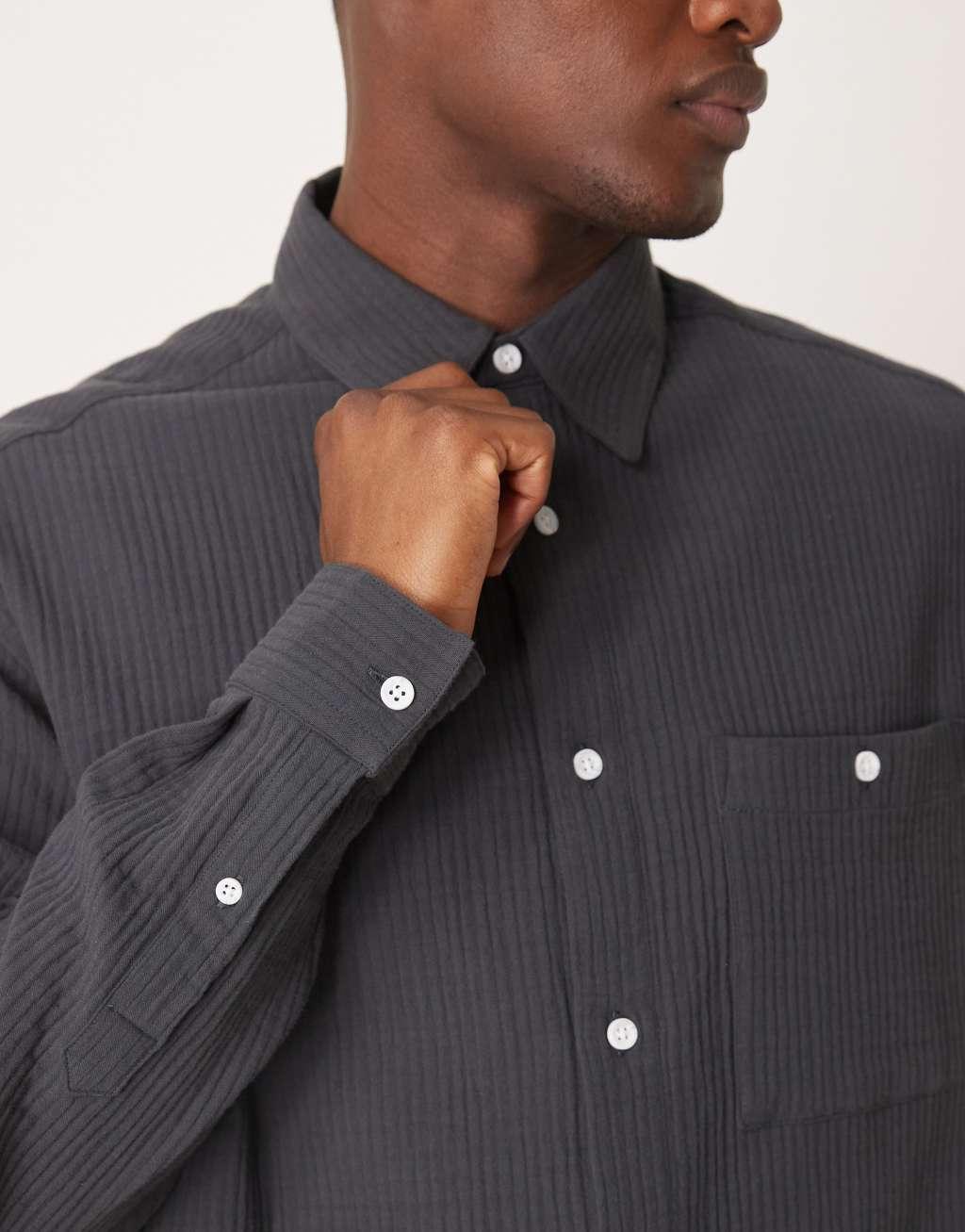 ASOS DESIGN oversized shirt with crinkle texture in dark gray Product Image