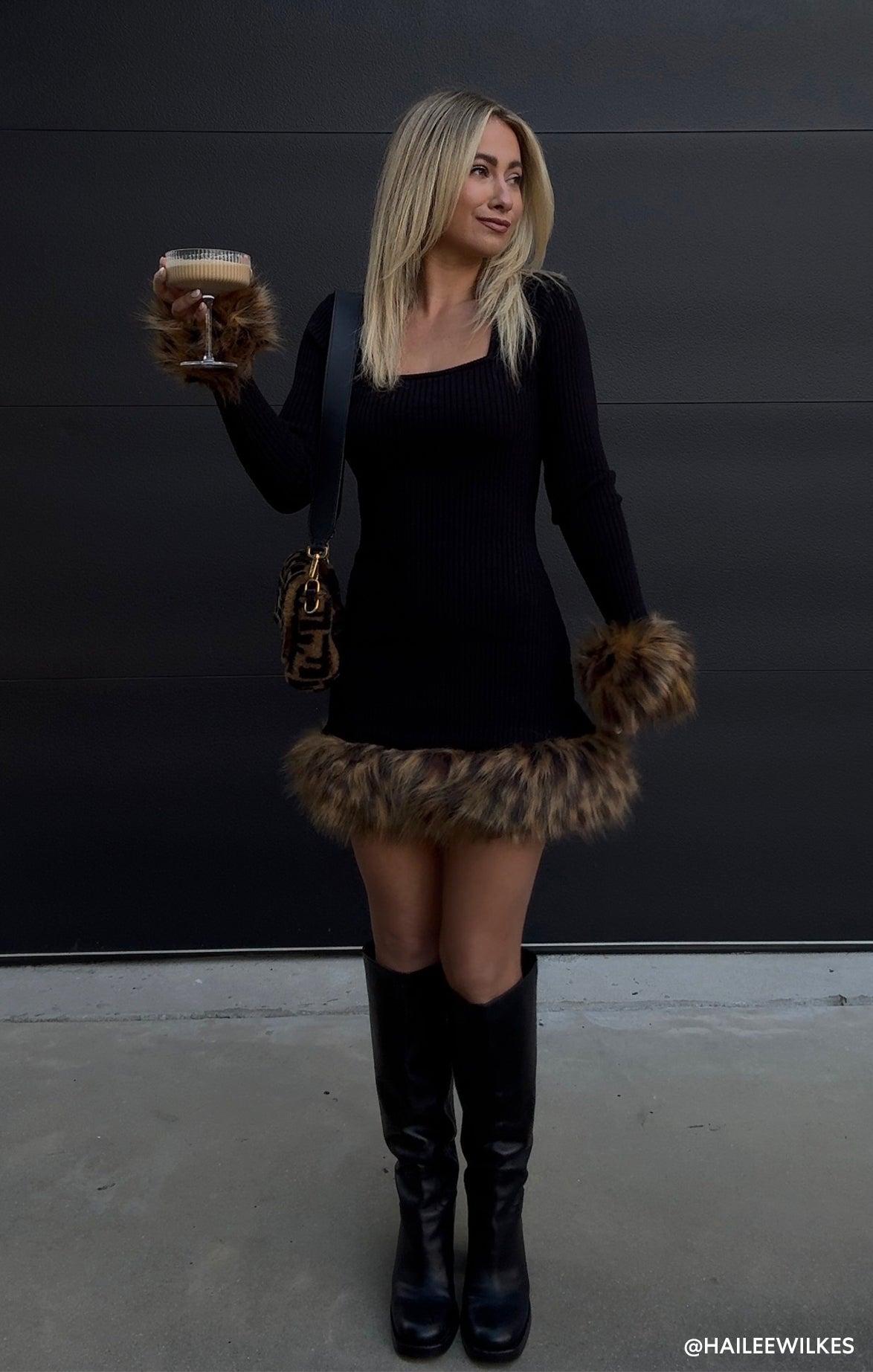 Francine Mini Dress ~ Black Knit with Faux Fur Product Image