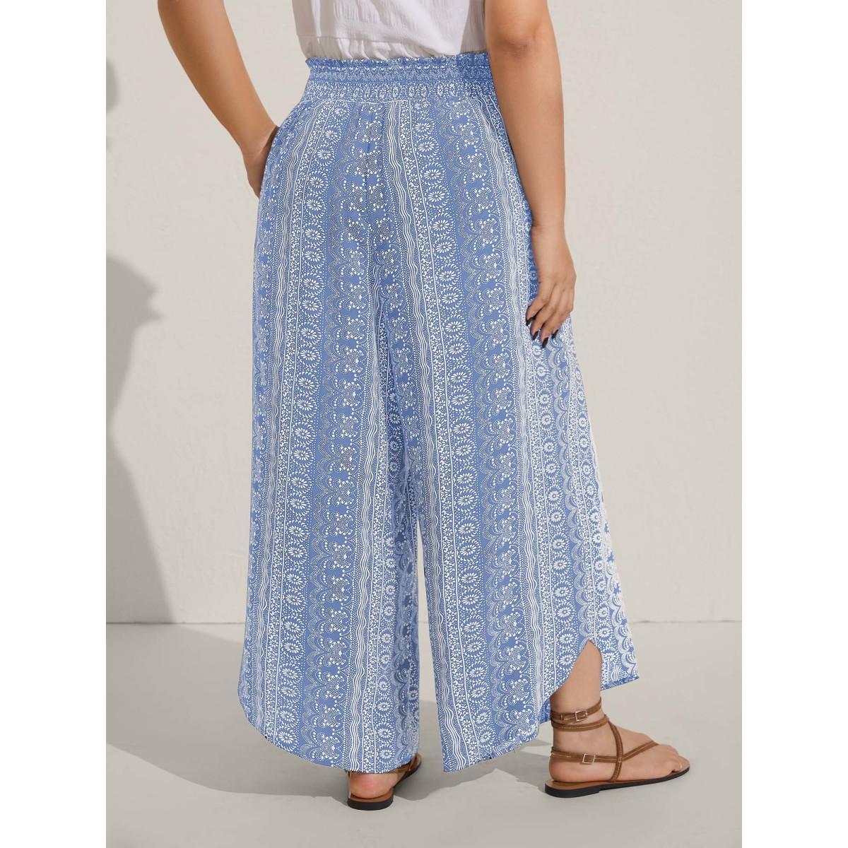 Plus Size Boho Print Shirred Waist Wide-Leg Pants Women Lemonyellow Resort Wide Leg Mid Rise Vacation Pants BloomChic 18-20/2X Product Image