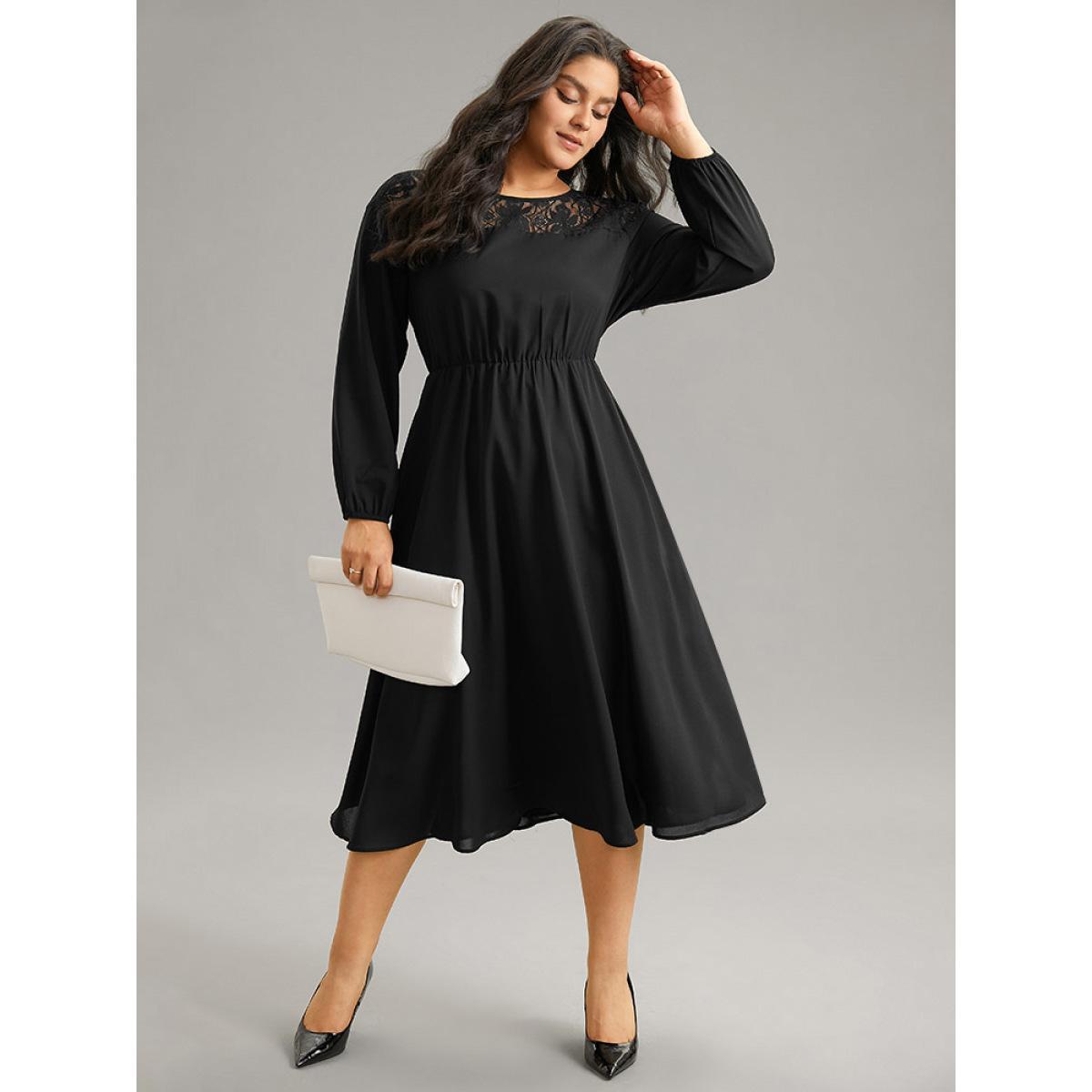 Plus Size Lace Panel Patchwork Lantern Sleeve Dress Black Women At the Office Elastic cuffs Round Neck Long Sleeve Curvy Midi Dress BloomChic 10/M Product Image
