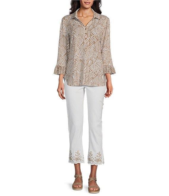 Multiples Embroidered Fringe Edge Denim Crop Jeans Product Image