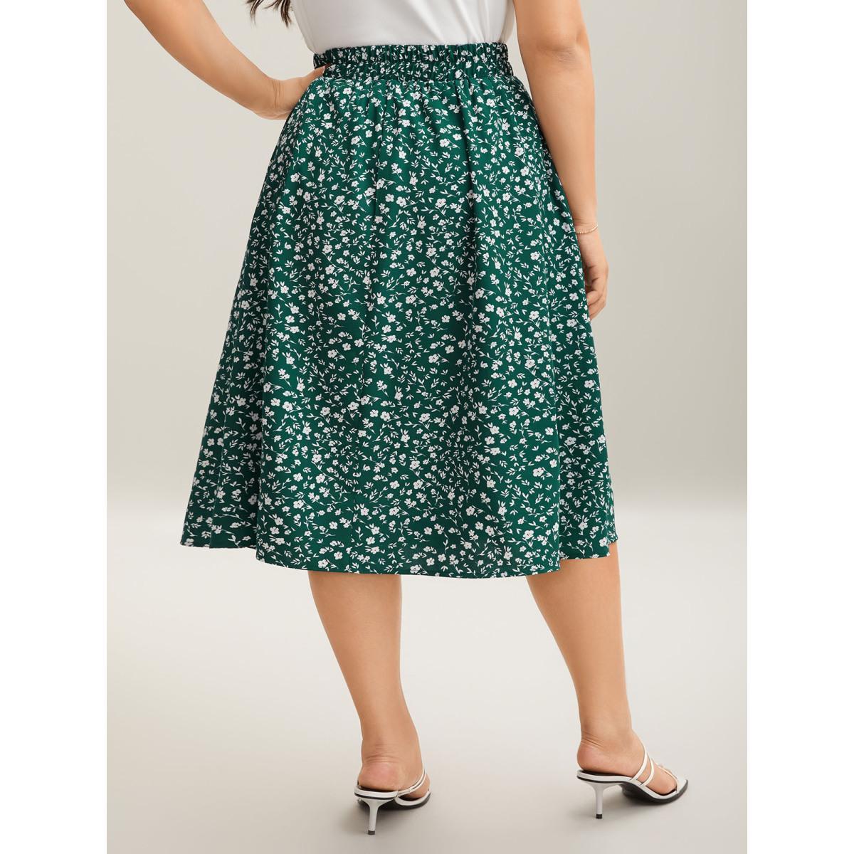 Plus Size Ditsy Floral Print Stretchy Flared Midi Skirt Women DarkGreen Elegant Low stretch Slanted pocket Everyday Skirts BloomChic 10/M Product Image