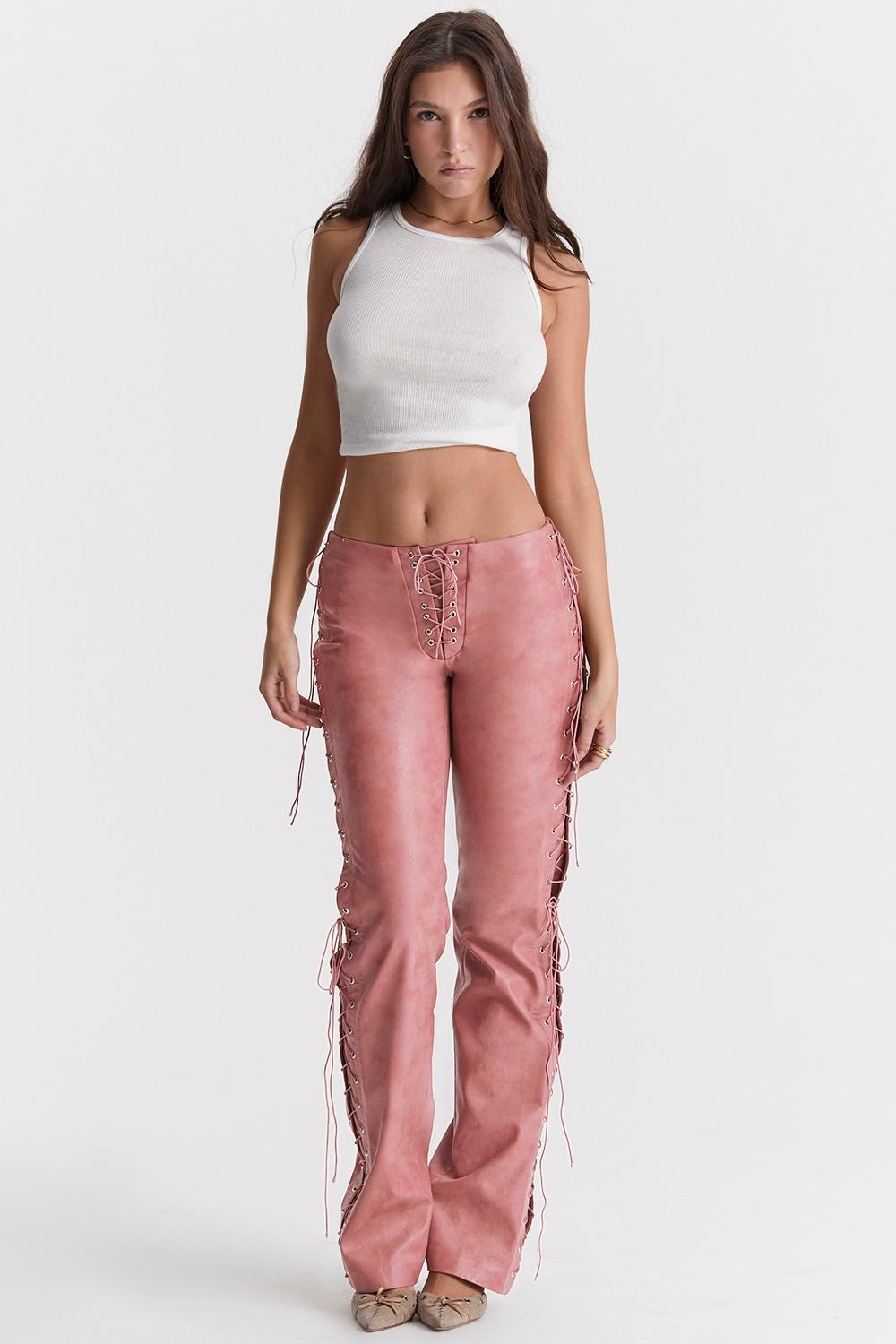 Drew Warm Pink Vegan Leather Lace Up Trousers Product Image